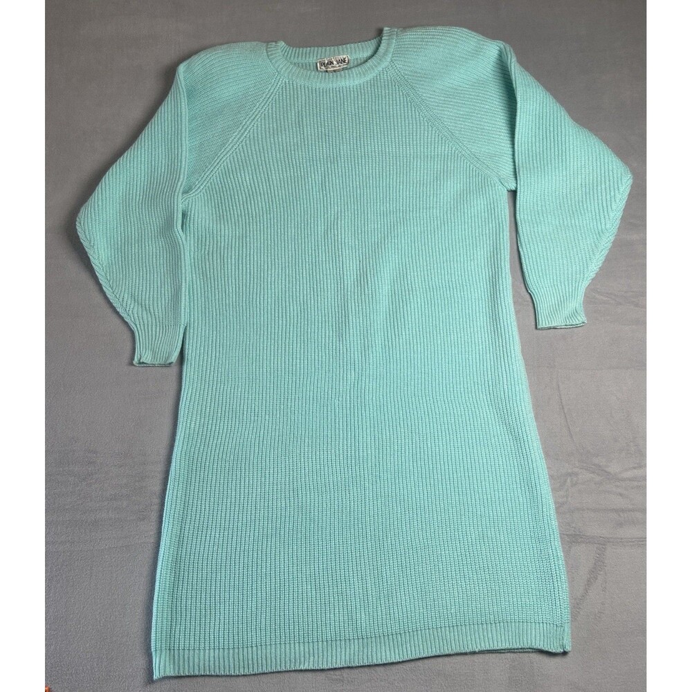 Vintage Plain Jane Aqua Knit Sweater Dress Womens Ribbed Large Raglan 80s